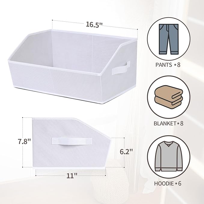 Closet Baskets for Shelves Trapezoid - Decorative Storage Baskets with Handle, Closet Bins for Organization, Shelf Storage Bins for Clothes, Books, Home, Office, 3 pack, White