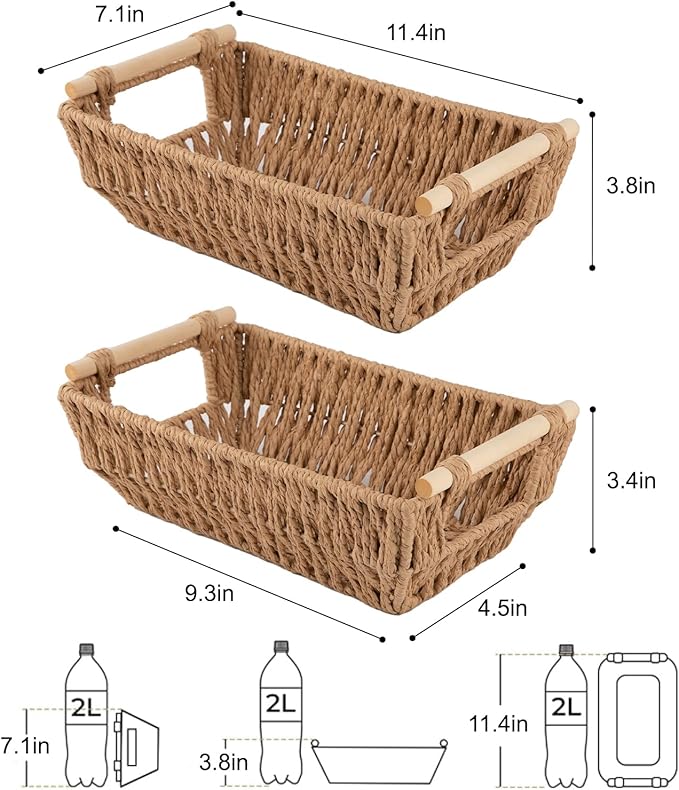 OIAHOMY Small Storage Baskets, Paper Rope Wicker Organizers with Wooden Handles, Baskets for Organizing, 2-Pack, Yellow