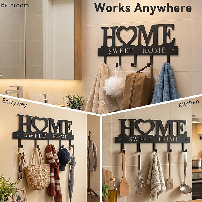 WIPHANY Entryway Key Holder Wall Mount with 5 Hooks, 13" Metal “Sweet Home” Key Rack Organizer for Wall, Decorative Key Hanger for Entryway, Hallway & Mudroom, Housewarming Gift, Black