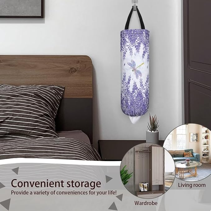 Purple Plastic Bag Holders Wall Mount Hanging Shopping Trash Bag Storage Organizer Grocery Bags 2PCS Hanging Plastic Bag Pouch,Lavender Dragonfly