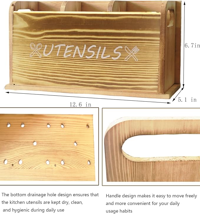 Utensil Holder Rustic Wood White Large Farmhouse Spatula Organizer for Kitchen counter Farmhouse,Countertop,Cooking Tools Storage (Wood)