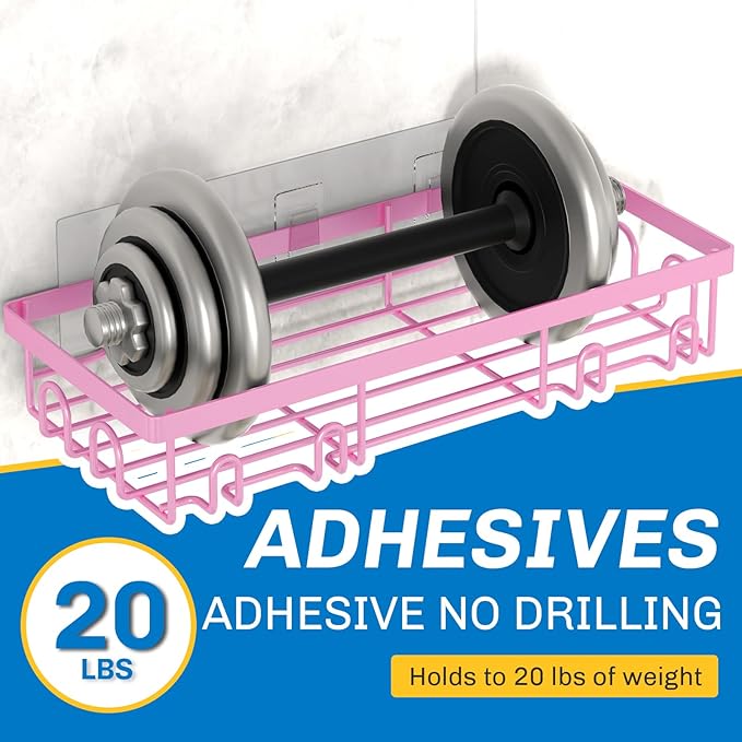 Shower Caddy 9 Pack,Adhesive Organizer for Bathroom Decor Accessories & Kitchen Storage,No Drilling,Large Capacity,Rustproof Stainless Steel Organizer,Home Decor Shelves (Pink 9 Pack)