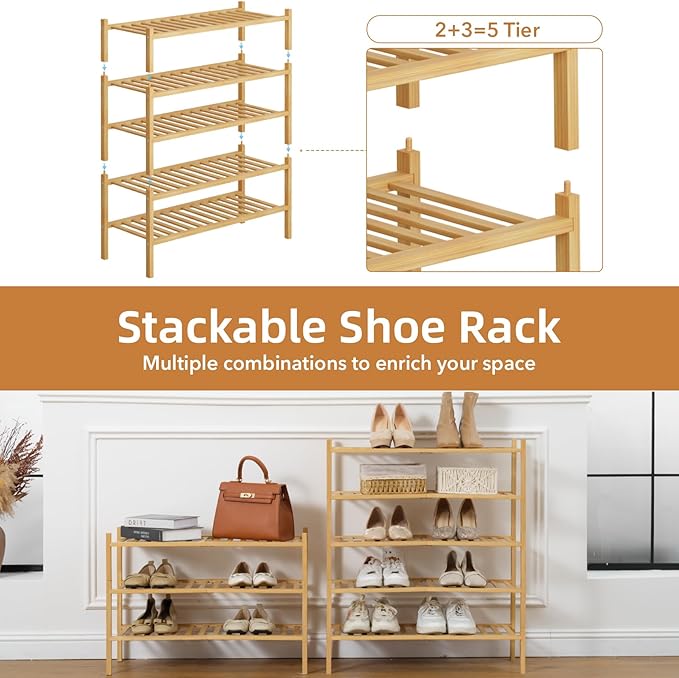 5 Tier Bamboo Shoe Rack Storage Organizer for Closet, Multifunctional Stackable Free Standing Shoe Shelf Organizer for Small Space,Entryway,Hallway,Bathroom 27"x11"x32"(Natural, 5 Tier)