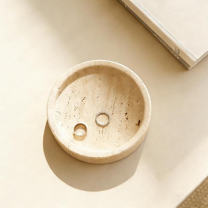 Natural Marble Tray, Round Travertine Tray for Bedroom/Bathroom/Kitchen/Vanity Countertop, Jewelry Tray for Rings Earrings Necklace Bracelet Watch, Room Decor Aesthetic