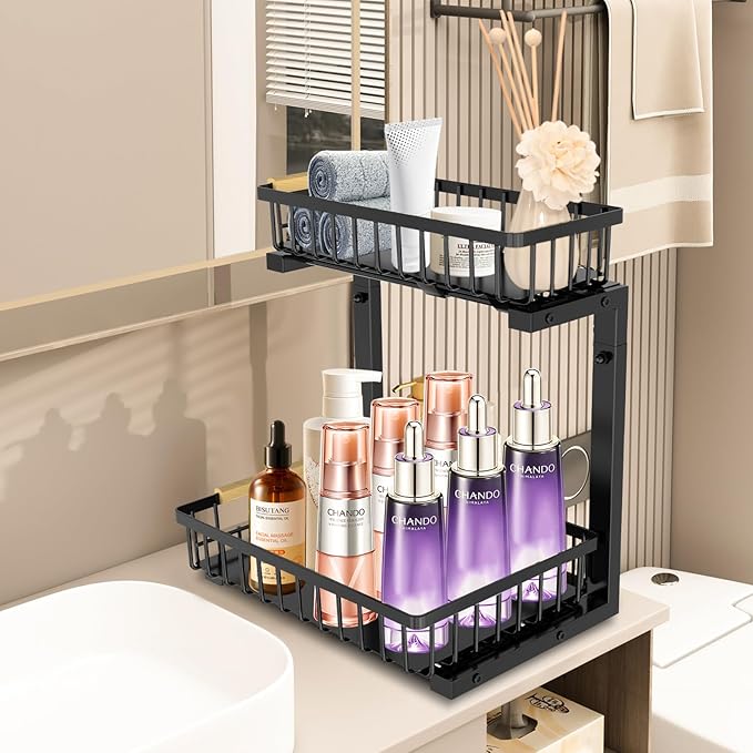 LUWUIDEN Under Sink Organizer and Storage: 2-Tier Adjustable Height Under Sink Bathroom Organizers Multi-Purpose Bathroom Cabinet Pull Out Drawers for Kitchen with Hooks (Black)