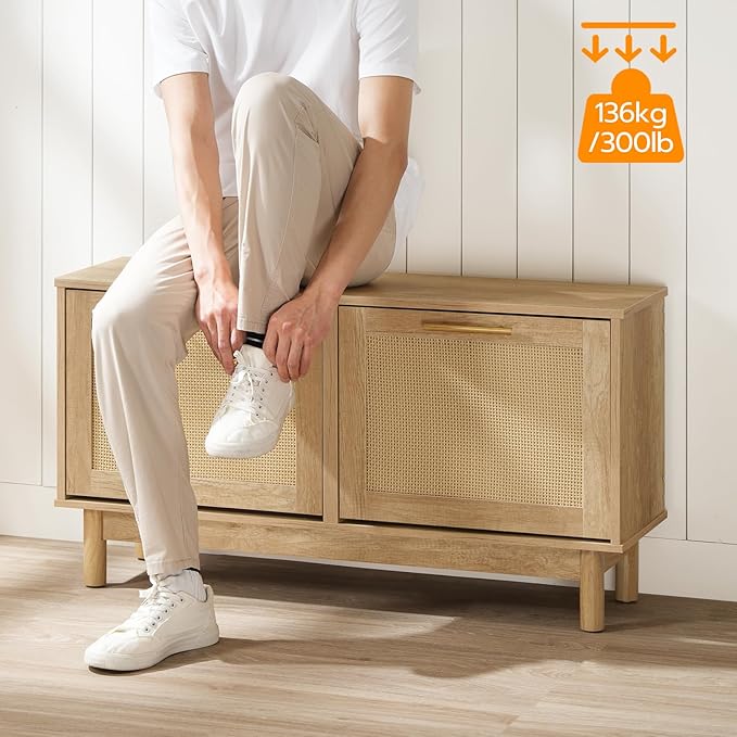 HOOBRO Shoe Storage Bench Entryway, Rattan-Like Shoe Bench with Flip Drawers, Narrow Shoe Rack Bench, Shoe Cabinet with Rattan Doors, Wooden Shoe Organizer for Entryway Hallway, Natural NL51HX01