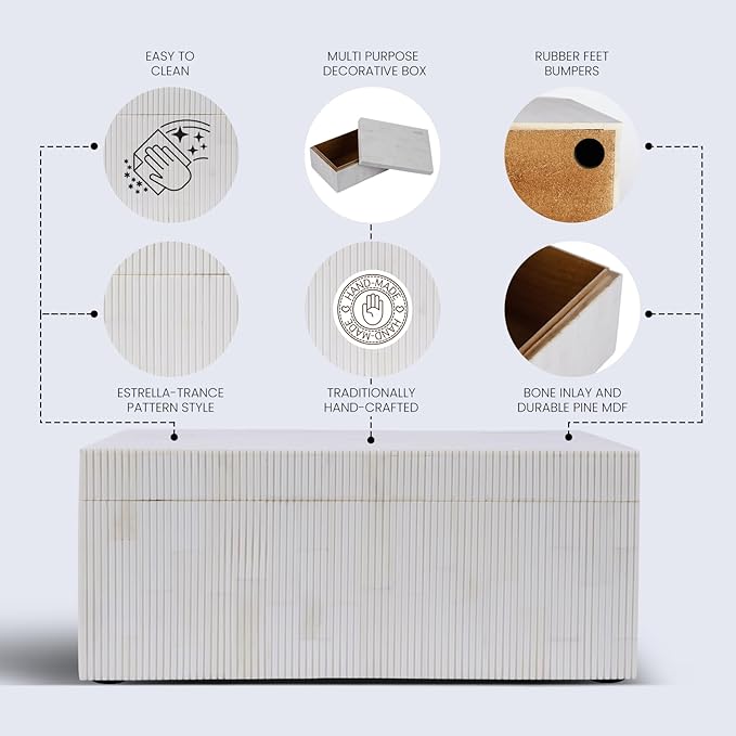 Handicrafts Home Large Decorative Storage Box with Lid – 12X8X5” Coffee Table Organizer, Keepsake- Decorative Boxes for Home Decor, Stylish Decorative Box for Office Decor-White Stripped
