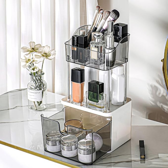 FORUP Makeup Organizer for Vanity, 2-Tier 1-Drawer Bathroom Counter Organizer, Multi-Purpose Vanity Organizer, Skincare Perfume Organizers for Vanity Bathroom Countertop, Grey