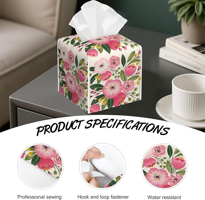 Spring Flowers Bouquet Tissue Box Cover Square,Tissue Box Holder with Belt Bottom,Stylish Leather Napkin Holder for Vanity Countertop,Nightstands,Office Desk,5.2"Ã5.2"Ã5.2"