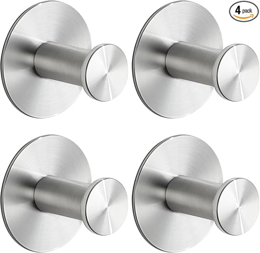 SAYAYO Self Adhesive Hooks for Hanging, Brushed Nickel Towel Hook for Bathrooms Coat Hooks Wall Mount, Stick on Hook SUS304 Stainless Steel, 4pcs