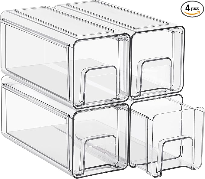 Sorbus Large Clear Stackable Storage Drawers 4-Pack Plastic Organizer Bins with Handles Pull-Out Drawers for Bathroom Closet, Medicine, Cabinet, Pantry Storage, Baby Bottle Organizer