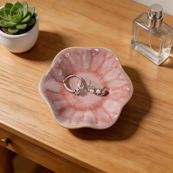 Pink Lotus Leaf Shape Ring Jewelry Dish Holder,Small Trinket Jewelry Tray,Decorative Jewelry Plate Bowl,Key Bowl,Birthday Engegament Gifts for Women Friends,Ceramic