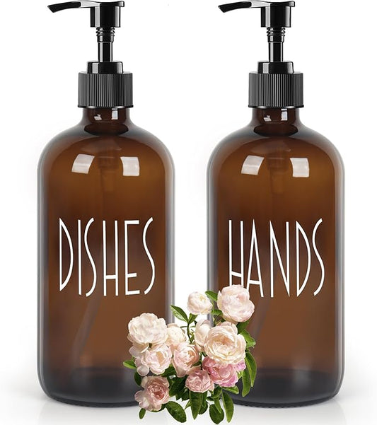 Dish Soap Dispenser with Plastic Pump for Kitchen - 16 OZ Glass Hand Soap Dispenser Set - Kitchen Bathroom Decor and Accessories (Dark Brown)
