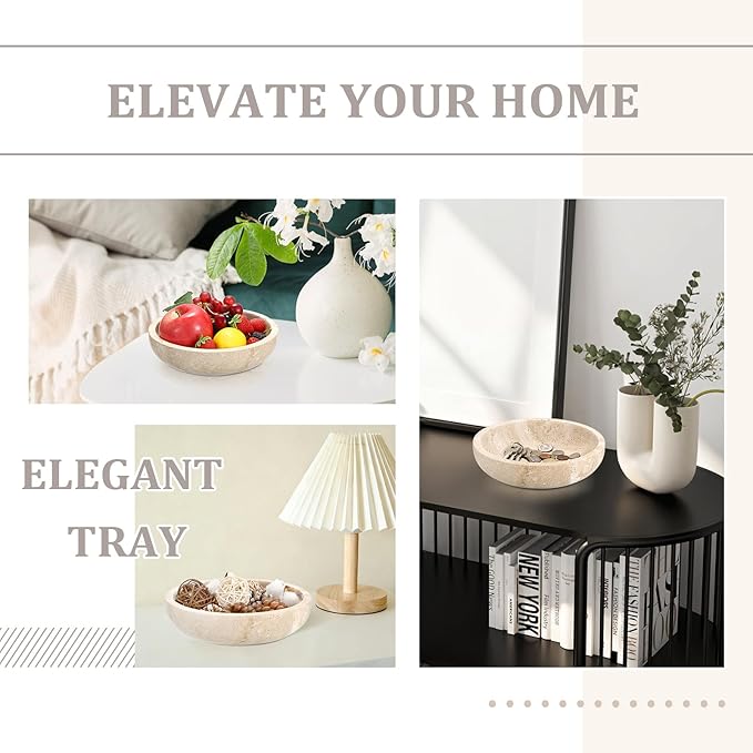 Hipiwe Key Holder for Entryway 7.9" Round Key Bowl Decorative Travertine Tray Nightstand Organizer Trays Jewelry Dish for Jewelry Ring Trinket Storage Home Decor