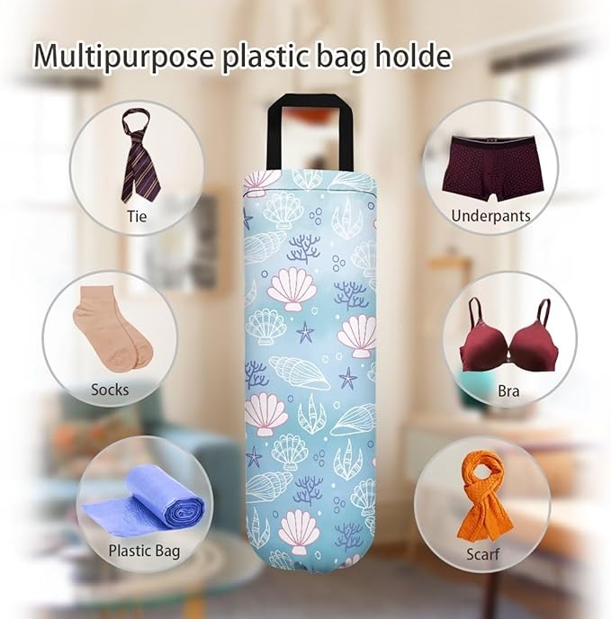 Hanging Plastic Bag Holder Dispenser Set of 2 Reusable Wall Mount Hanging Plastic Bag Storage Organizer for Grocery Bags,Marine Conch Starfish