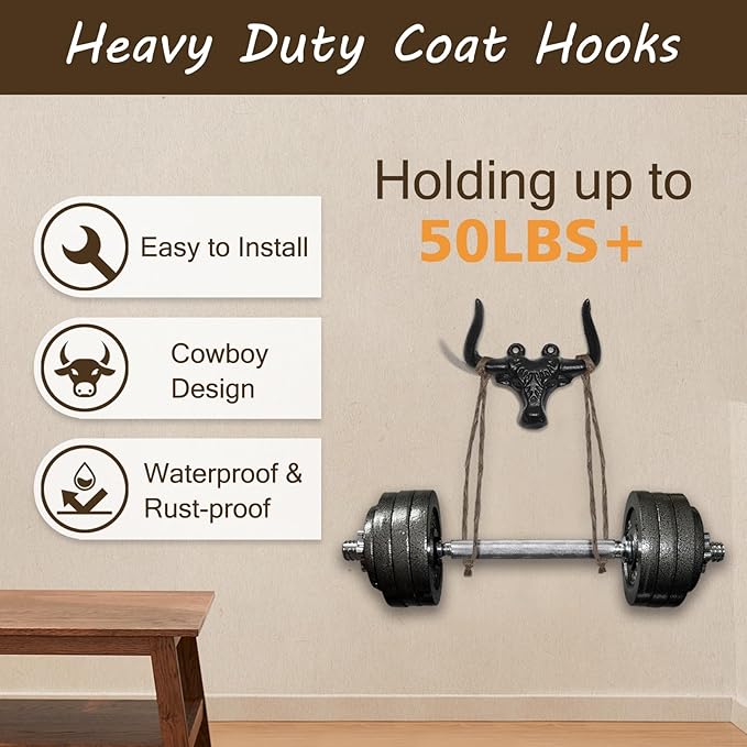 Cast Iron Wall Mount Hooks – Black Bull Design, 2 Pack – Vintage Rustic Coat Hooks for Entryway, Bathroom, Kitchen, or Bedroom