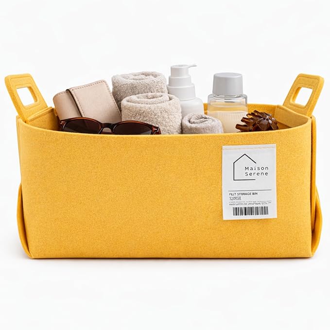 Fabric Storage Basket – Foldable Felt Storage Bin with Handles, Multi-Purpose Storage Organizer for Shelves, Closet, Toys, Clothes, Blankets, Bedroom, Living Room & Nursery, YELLOW, Medium