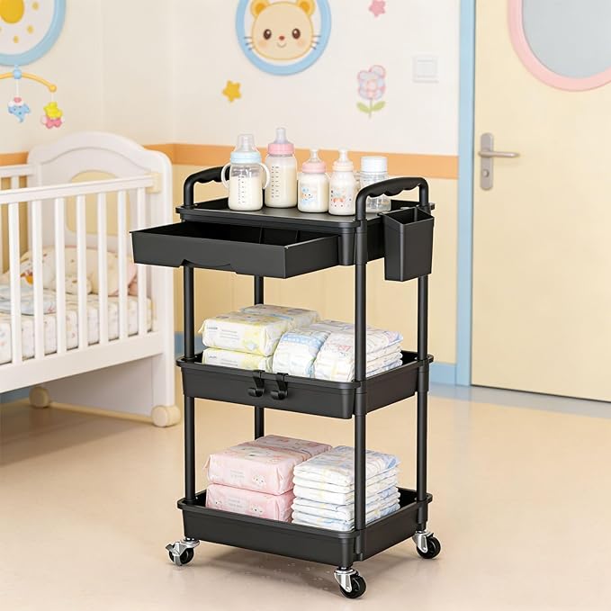 3 Tier Rolling Storage Carts with Removable Drawers, Lockable Wheels, Hooks & Cup Holders â Easy Assembly Storage Organizer for Kitchen, Bathroom, Office, Craft Room, Makeup, Black