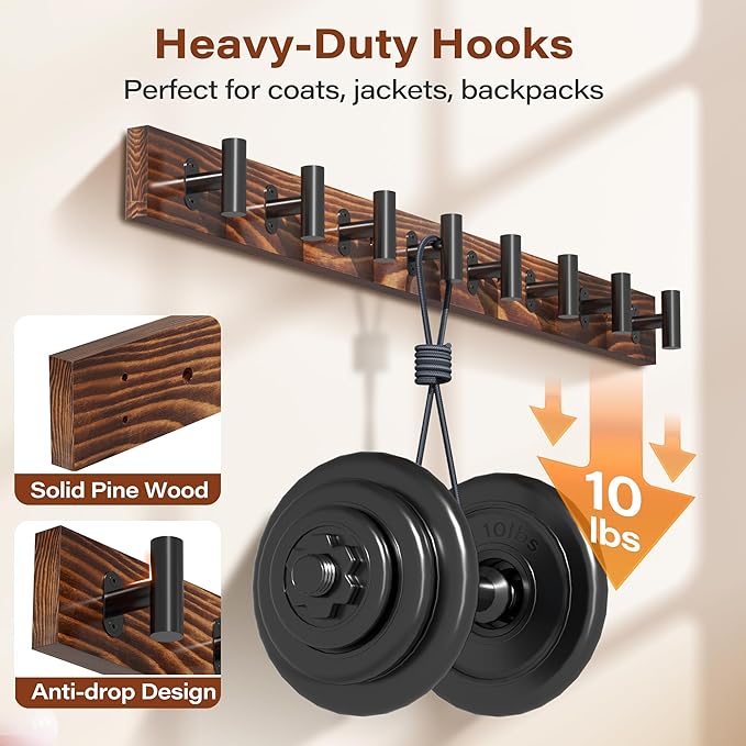 4 Pack Coat Rack Wall Mount, Rustic Coat Hooks Wall Mounted with 16 Black Metal Heavy Duty T Shaped Hooks, Pine Soild Wood Large Coat Hanger for Entryway, Living Room, Bathroom