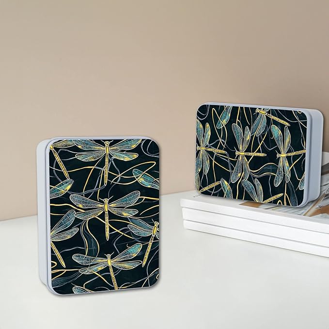 Metal Tin Box with Lid,Multi-functional Storage Large Box Can Store Tea Biscuits Game Cards, Playing & Tarot Cards-Comes with 4 Magnetic Cord Clips,Golden Dragonflies Pattern
