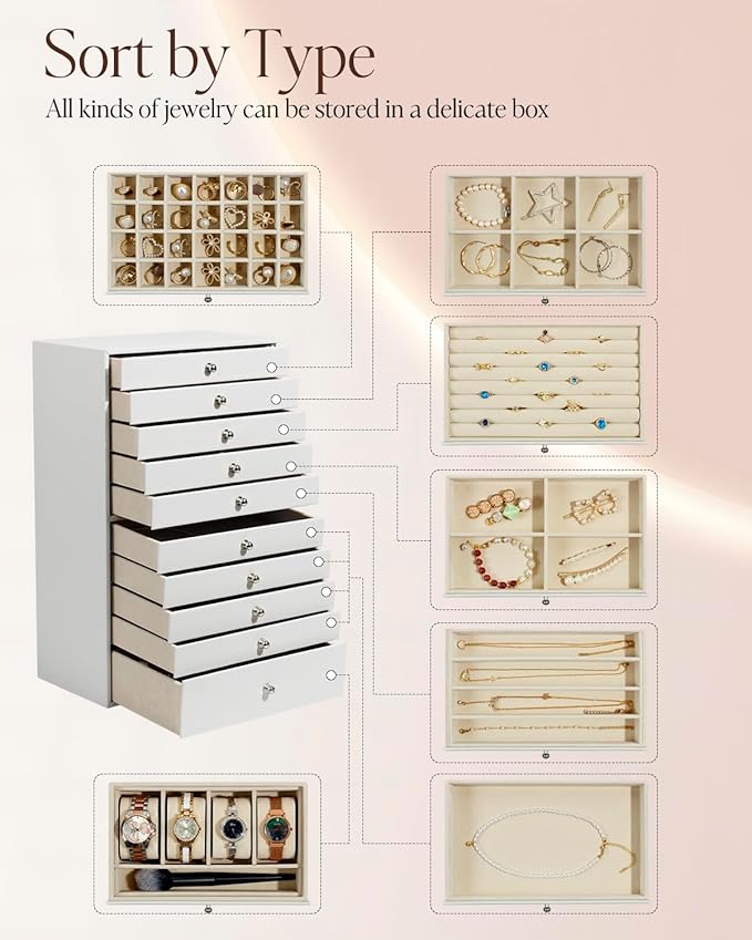 GUKA Large Jewelry Box, Jewelry Case with 10 Drawers for Big and Small Jewelry, Jewelry Storage Organizer for Watch Earrings Necklace Rings Bracelets, Birthday Wedding Gifts, White