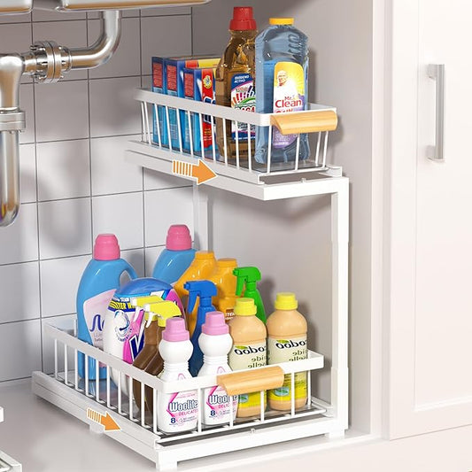 Under Sink Organizer 2 Tier, Pull Out Drawer Slides Under Sink Storage for Bathroom Kitchen,Multi-Purpose Drawer Under Cabinet Organizer for Cleaning Supplies (White, Large-1 Pack)
