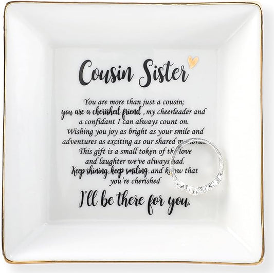 HOME SMILE Cousin Sister Gifts Mother's Day,Ceramic Ring Jewelry Dish Tray Plate for Birthday Graduation Christmas Wedding-You are More Than Just a Cousin,You Are a Chrished Friend