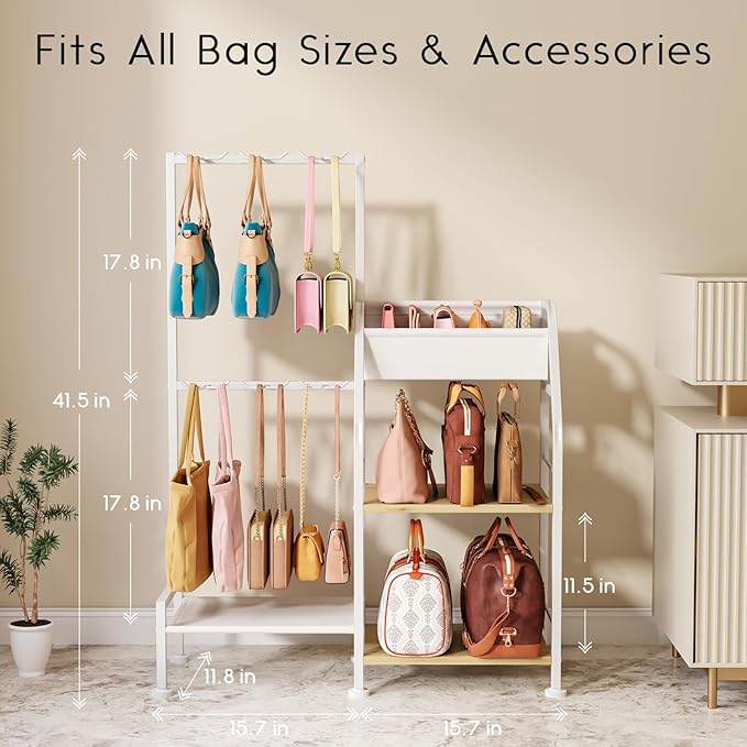 Purse Organizer for Women - 3-Tier Storage Stand & 12 Fixed Hooks, Visible Backpack Storage, Space-Saving Bag Organizer Rack for Home, Closet, White