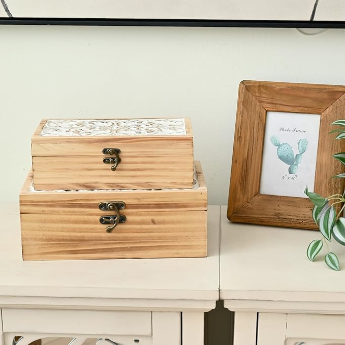 Wooden Storage Box Set of 2 - Hand Carved Floral Decorative Boxes with Hinged Lids - Solid Pine Keepsake Organizer for Jewelry, Photos, and Rustic Farmhouse Home Décor