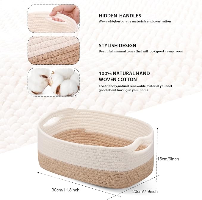Sawysine 6 Pcs Cotton Rope Woven Basket for Storage Baskets for Organizing Storage Baskets Rope Basket with Handles for Cloth Blanket Toys Living Room Bathroom Laundry (Khaki and White)