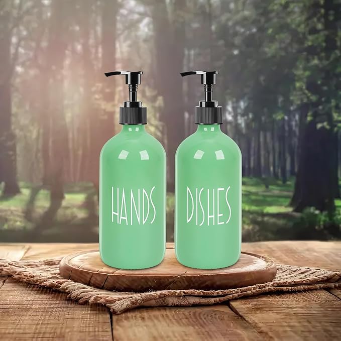 Dish Soap Dispenser for Kitchen - 16 OZ Glass Hand Soap Dispenser Set - Kitchen Bathroom Decor and Accessories (Avocado Green)