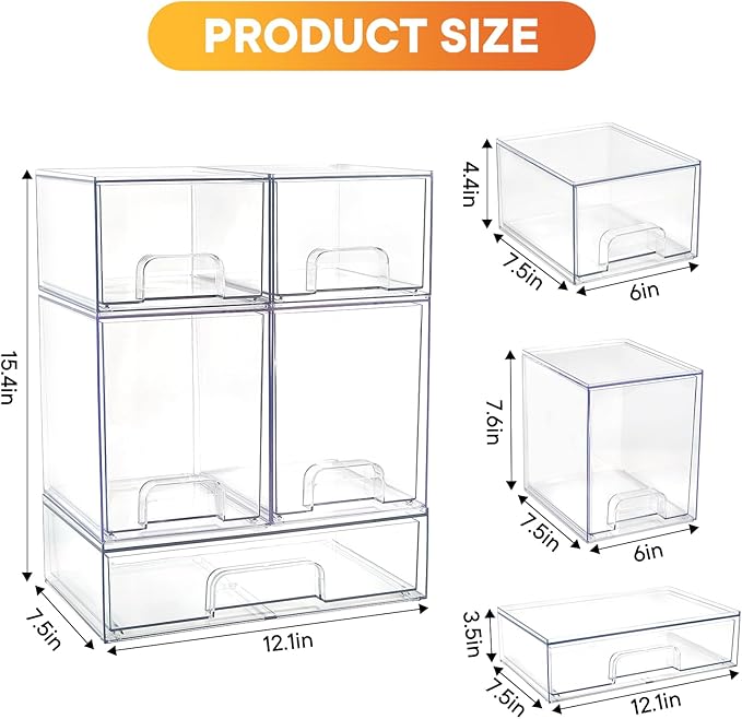Baby Bottle Organizer, 5 Pack Clear Space-Saving Stackable Drawer with Handle, Baby Bottle Storage Organizer for Countertop and Cabinet
