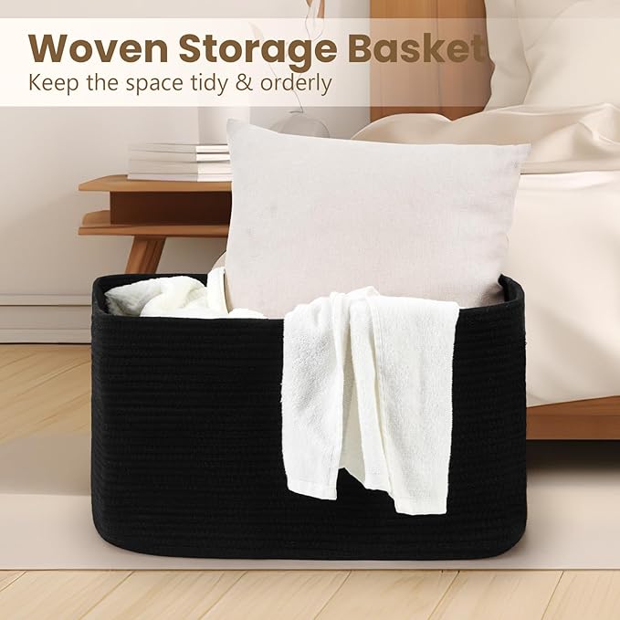 75L Blanket Basket, Large Woven Baskets for Storage, Blanket Storage for Living Room, Rope Basket with Handles for Bedroom, Nursery, Toys, Clothes, 22â x 17â x 11.5â, Black