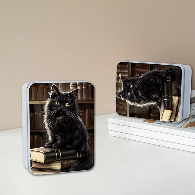 Metal Tin Box with Lid,Multi-functional Storage Box Can Store Tea Biscuits Game Cards, Playing & Tarot Cards-Comes with 4 Magnetic Cord Clips,Black Cat on Books