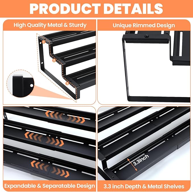 Spice Rack Organizer for Cabinet, Expandable 3 Tiered Spice Rack, Metal Spices Organizer, Display Shelf Organizers for Cabinet, Countertop, Pantry, Cupboard (Black)