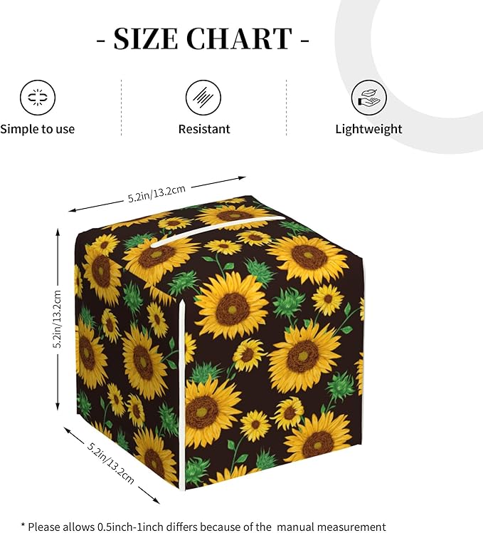 Sunflower Tissue Box Cover Leather Tissue Box Holder Square Facial Paper Organizer Dispenser for Bathroom Kitchen Bedroom Vanity Countertop Night Stands