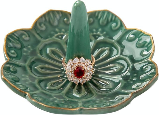 HOMEGOAL Ceramic Ring Holder Dish for Jewelry, Decorative Mandala Jewelry Tray for Rings Earrings Necklaces Watch Keys, Aesthetic Room Decor, Birthday Engagement Wedding Gifts for Women (Green)