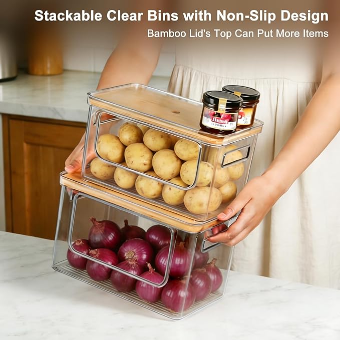 Hudgan Pantry Organizers and Storage, 2 Stackable Storage Bins for Onion, Potato, Garlic, Straight Side Clear Plastic Container for Home Edit, Kitchen Cabinet, Countertop, Bathroom and Laundry Room
