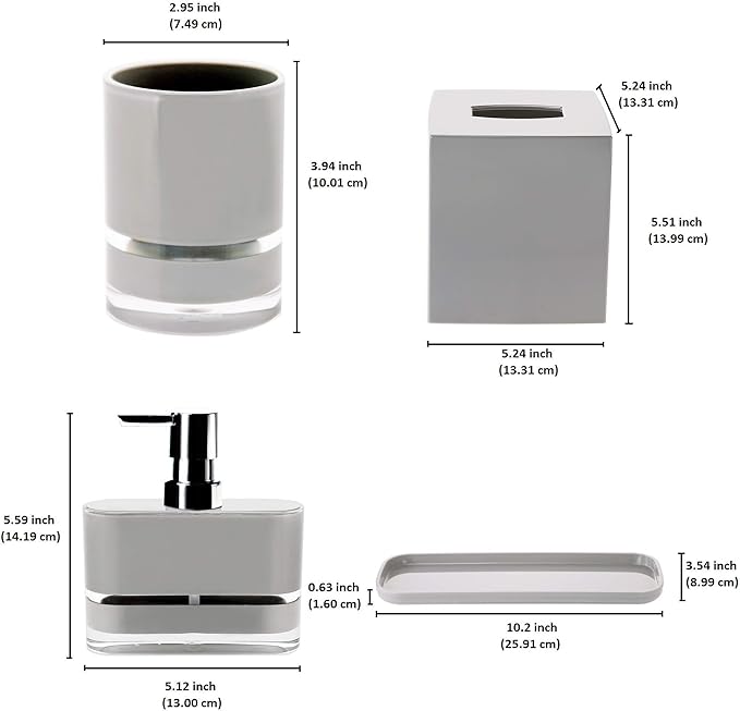 Decozen Bathroom Accessories Set of 4 - Elegant Soap Dispenser, Tumbler, Tissue Box & Tray for Modern Decor Home Decor Bath Accessories, Ideal Bathroom Decor & Housewarming Gift - Light Grey