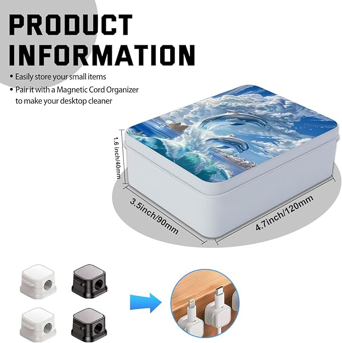 Metal Tin Box with Lid,Multi-functional Storage Box Can Store Tea Biscuits Game Cards, Playing & Tarot Cards-Comes with 4 Magnetic Cord Clips,Cute Dolphins