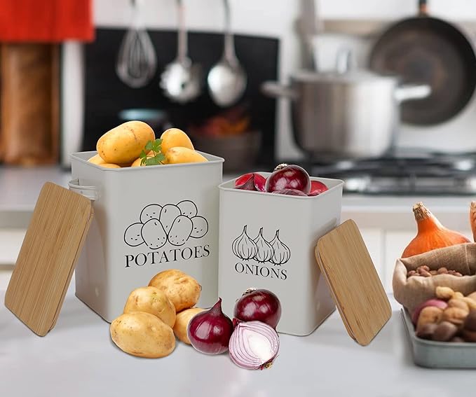 Kitchen Vegetable Storage Tins Set of 2 for Potatoes, Onion, with wooden lid Garlic Bin Caddy, Long Shelf Life-white