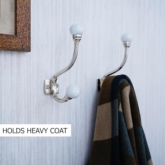 Indian Shelf 6 Pieces Exclusive Ceramic Heavy Duty Decorative Double Wall Hooks for Hanging Coats, Jackets, Leash, Hat, Towel, Backpack, Purse, Handbag for Entryway Décors :White
