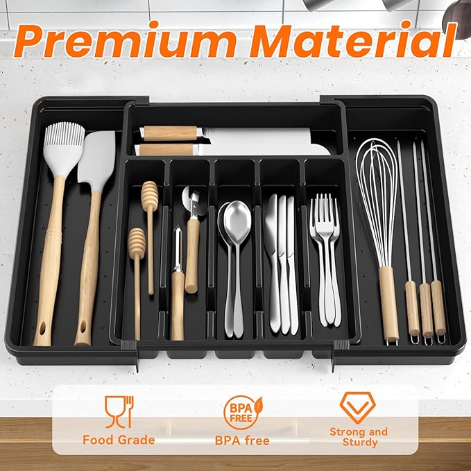 Large Silverware Organizer,Expandable Utensil Drawer Organizer,BPA Free Utensil Holder,Adjustable Silverware Tray Cutlery Drawer Organizer for Kitchen Flatware,Large,Black (6-8 Slots)