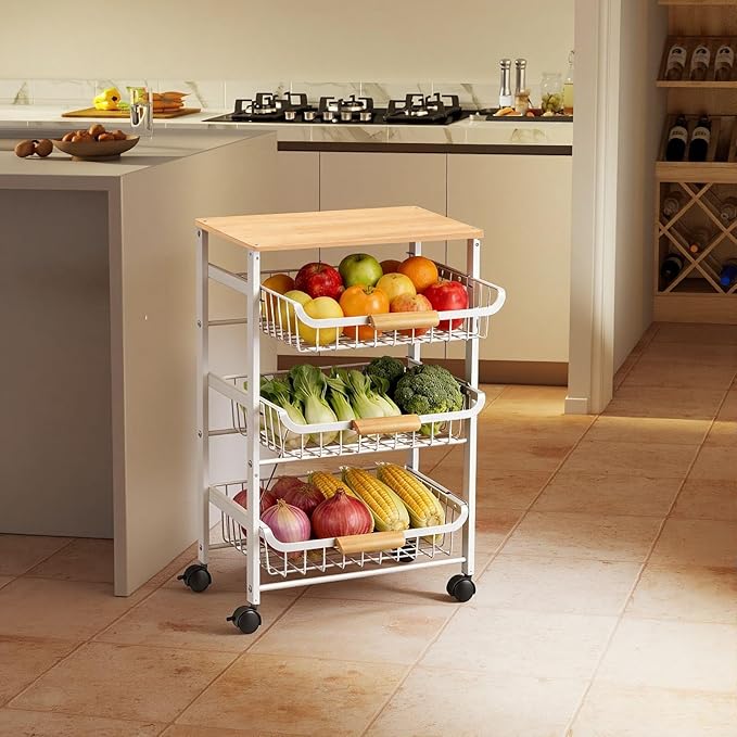 4-Tier Fruit Basket for Kitchen Counter Utility Organizer Carts on Wheels&Wood Top with Storage, Rolling Kitchen Cart for Pantry, Living Room (White)