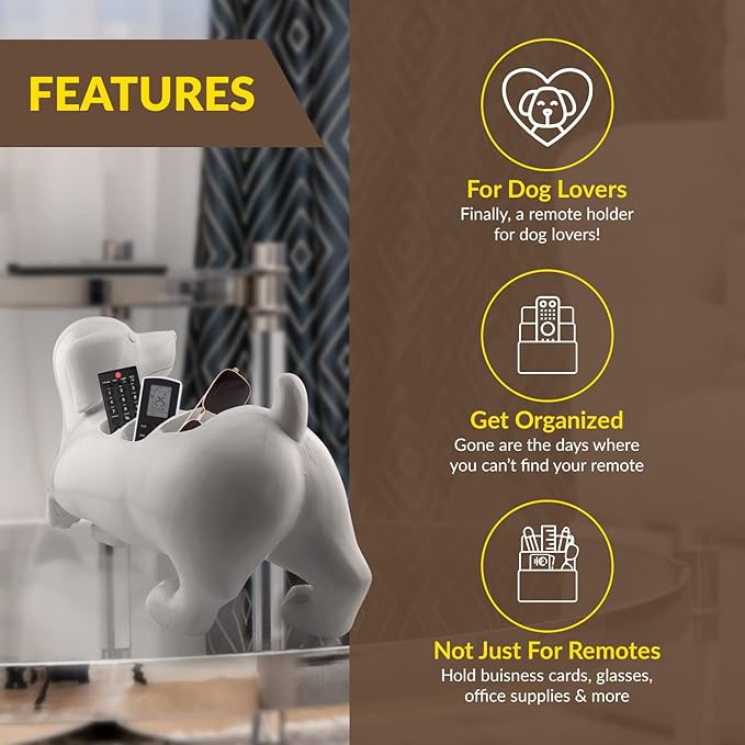 Dog TV Remote Caddy Fun & Durable Polyresin Organizer with 3 Compartments for Remotes, Eyeglasses, Office Supplies for Dog Lovers