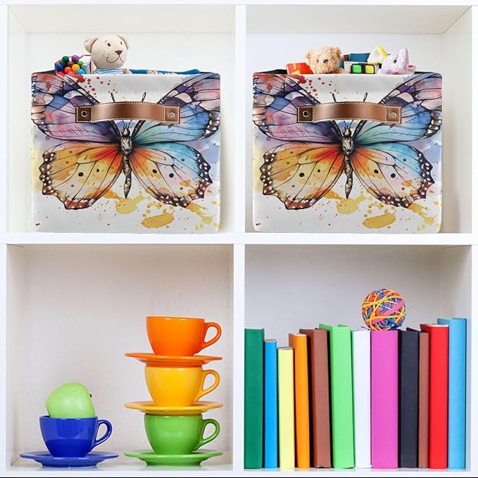 Storage Basket Watercolor Colored Butterfly Durable Canvas Collapsible Toy Box Organizer Bin with Handles for Shelf Closet Bedroom Home Office