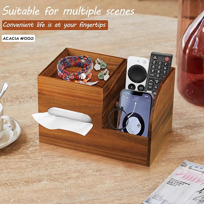 BIBELUN Wood Tissue Box Cover Square with Tray and Remote Holder,Multifunctional Tissues Cube Box Organizer/Shelf/Rack,Napkin Storage Box for Bathroom,Vanity Countertop,Nightstand,Office,Home Decor