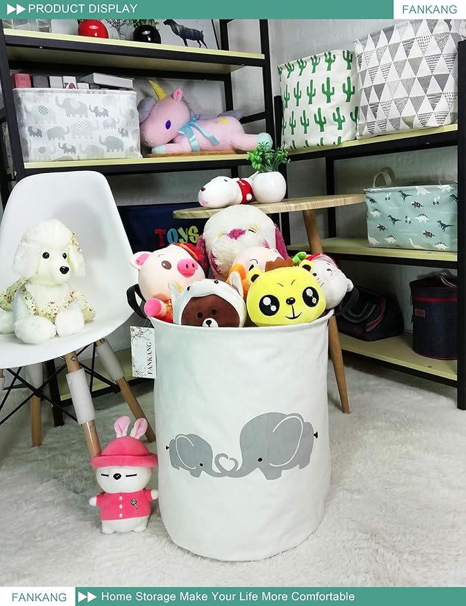 FANKANG Storage Basket, Nursery Hamper Canvas Laundry Basket Foldable with Waterproof PE Coating Large Storage Baskets for Kids Boys and Girls, Office, Bedroom, Clothes,Toysï¼Love Elephantï¼