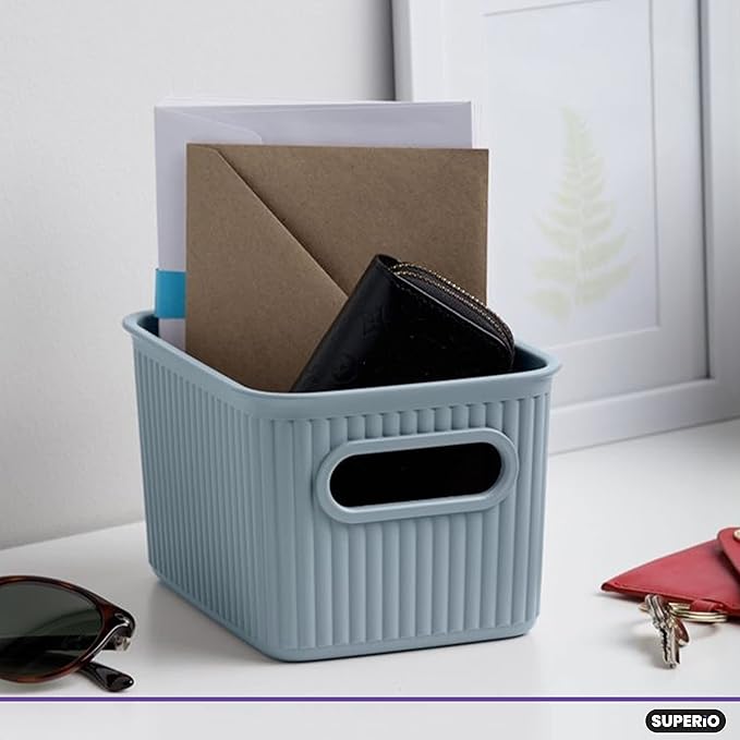 Superio Ribbed Collection - Decorative Plastic Basket Open Home Storage Bins Organizer, Small Blue (4 Pack) Container Boxes for Organizing Closet Storage Bins for Shelves Drawer Shelf 1.5 Liter