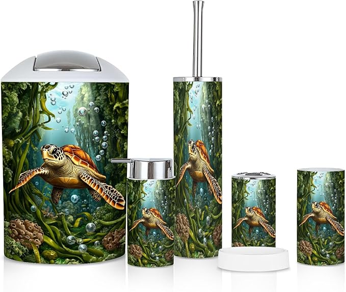 6 Piece Bathroom Accessories Set Dynamic Sea Turtle Tale Bubbles Kelp Vibrant Colors Trash can Toilet Brush Holder Toothbrush Holder Toothbrush Cup Soap Dispenser Soap Dish for Home